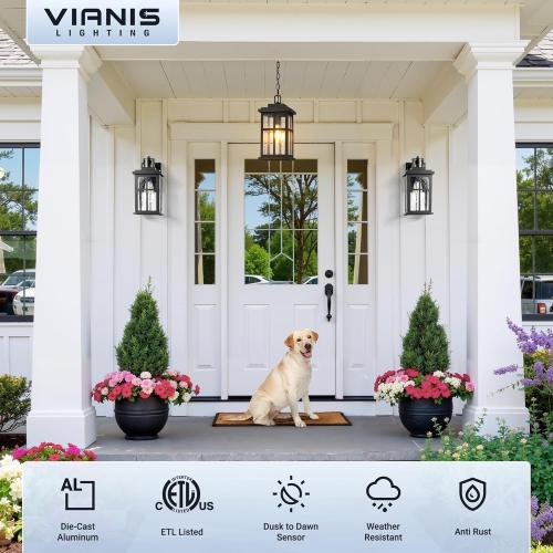 VIANIS Dusk to Dawn Large Outdoor Pendant Light Fixture, Black Modern Outdoor Hanging Porch Light, Anti-Rust Waterproof Exterior Chandelier for Porch with Adjustable Chains, Exterior Pendant Light
