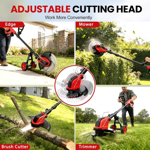 12-Inch Cordless Electric Weed Wacker, 2x3.0Ah 21V Battery Powered Weed Eater with Wheels, 800W Brushless Motor, Lawn Mower with 4 Types Blades, 20000RPM Brush Cutter Grass Trimmer for Garden Yard