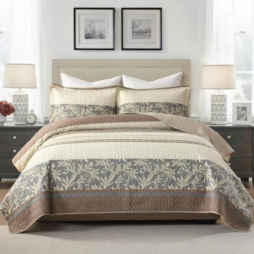 100% Cotton Quilt Set Queen Size - Striped Quilted Comforter, Patchwork Botanical Queen Quilt Bedspread, Modern Farmhouse Lightweight Bedding for Queen Bed, 3pcs, Brown/Beige/Gray