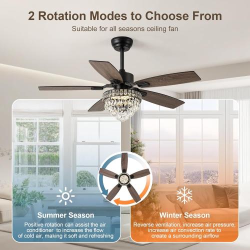 Chandelier Ceiling Fans with Lights and Remote,42in Chandelier Fan Ceiling,Crystal Ceiling Fan Fandelier with Lights,6 Speed 3 Timer Quiet Ceiling Fan for Bedroom (Black, 52 Inch)
