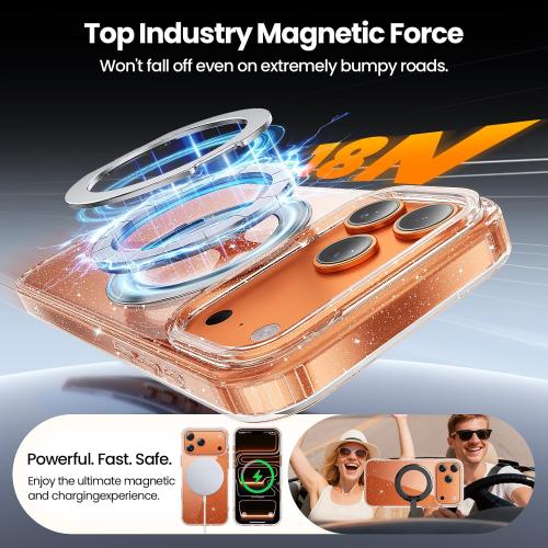 360°Ring Stand for iPhone 17 Pro Max Case，Anti-Yellowing，Clear Glitter | Includes Screen and Camera Lens Protectors*1，Fit for MagSafe, Scratch-Resistant Back Phone Case for iPhone 17 Pro Max 6.9