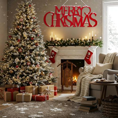 Chunful 36 Inch Large Snowy Metal Merry Christmas Wall Sign Xmas Hanging Door Sign 3D Red Merry Christmas Cutout Letter Decorative for Xmas Wall Indoor Outdoor Living Room Yard Supplies