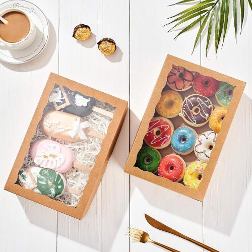 50PCS 10 x 7 x 2.5 inches One Piece Brown Bakery Boxes, Cookie Boxes, Natural Kraft Brown Strawberry Boxes with Display Window