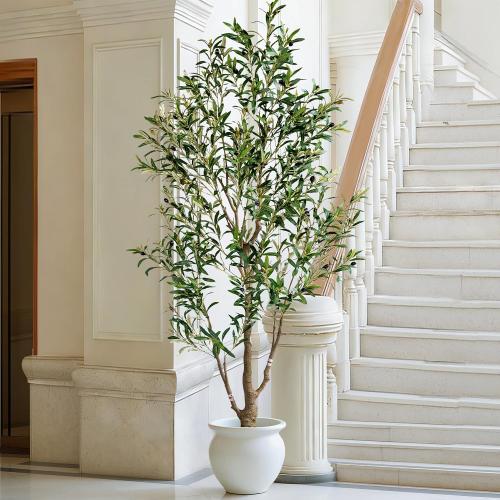 6ft Faux Olive Tree with White Pot & Moss, Artificial Olive Tree Indoor Outdoor, PE/PVC Leaves, Realistic Resin Trunk Large Fake Olive Tree Artificial Plants Indoor, Faux Plants Indoor for Home Decor