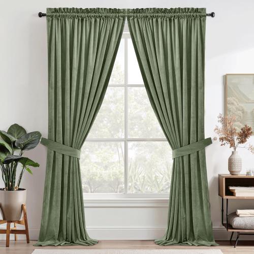 StangH Sage Green Velvet Curtains for Living Room Super Soft Thermal Insulated Privacy Protection Room Darkening Drapes for Bedroom/Nursery, W62 x L96, 2 Panels