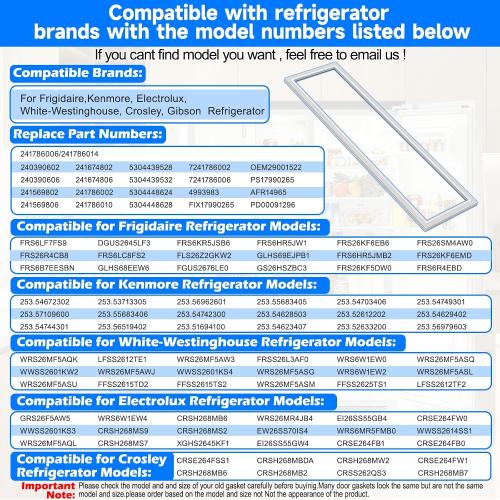Upgraded 241786006 241786014 Freezer Door Gasket Compatible for Frigidaire Refrigerator Freezer Door Seal 241786002 241786010 FFHS2611PF4 FGHS2631PF4A Gray-White
