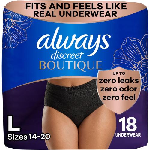 size S/M Always Discreet Boutique Incontinence and Postpartum Underwear for Women, Maximum Protection, Large, Black, 18 Count