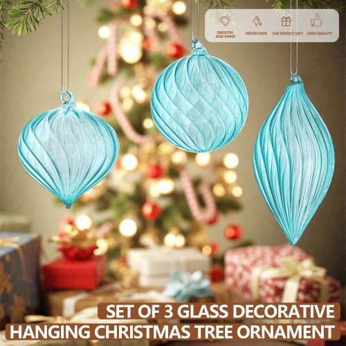 3 Pcs Hand Blown Glass Christmas Ornaments Hanging Baubles for Xmas Tree Decorations (Blue)