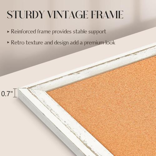 Cork Board Bulletin Board, 36 x 24 Corkboard for Wall, Rustic White Wooden Frame, Hanging Pin Board for Home & Office Decor, 10 Push Pins