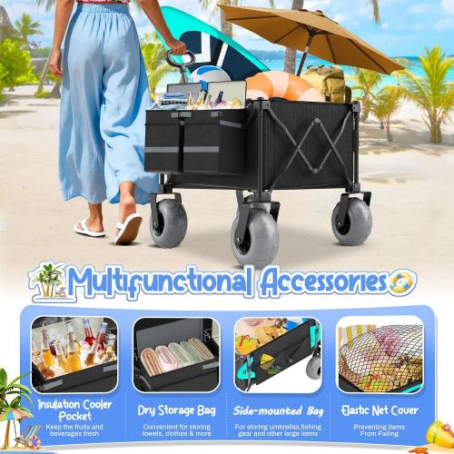 Beach Wagon with Big Wheels for Sand Heavy Duty Collapsible Wagon with 9 All Terrain Inflatable Tires, Foldable Beach Cart for Camping Outdoor Grocery Shopping Garden Sports