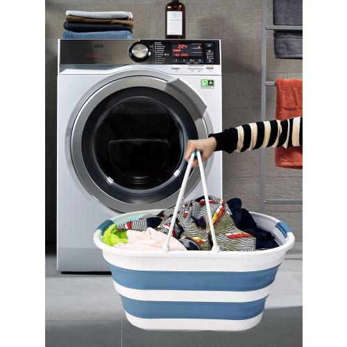 SAMMART 38L (10 Gallons) Collapsible Plastic Laundry Basket - Foldable Storage Container/Organizer - Portable Washing Tub - Space Saving Laundry Hamper (White/Adriatic Blue)