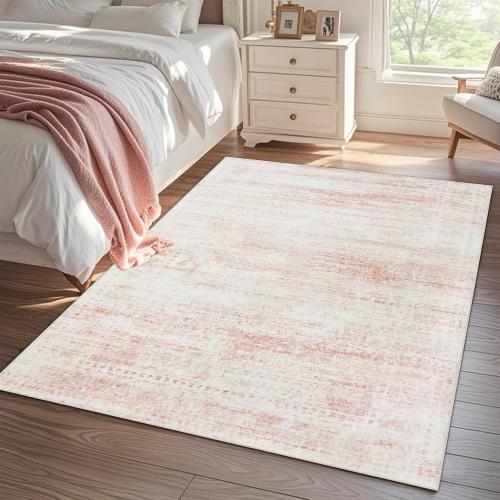 Srugn Washable Rugs 9x12 Area Rugs for Living Room,Rugs for Bedroom,Large Carpets,Ultra Soft Faux Wool Retro Dining Room Rug,Non Slip&Non-Shedding Low Pile Vintage Print Rug for Home Office-Pink White
