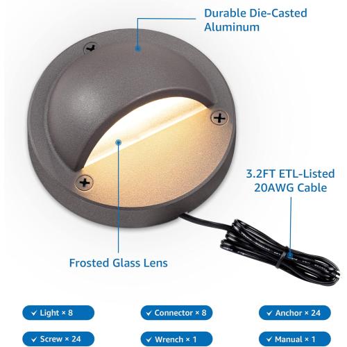 SUNVIE Low Voltage Deck Lights with Fastlock2 Wire Connector 5W LED Landscape Step Stair Lights Outdoor Accent Lighting Garden Post Fence Light 3000K 12-24V AC/DC 3.2FT ETL Listed Cord, 8 Pack