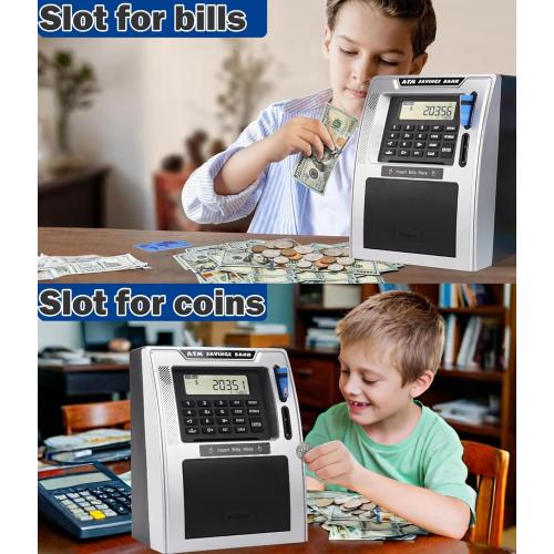 Fishboy Talking ATM Piggy Bank for Kids with Dual Debit Cards, Power-Off Memory, Auto-Opening Drawer for Real Money for Boys, Onekey Shutdown, Bill Feeder, Coin Recognition, Balance Calculator Machine