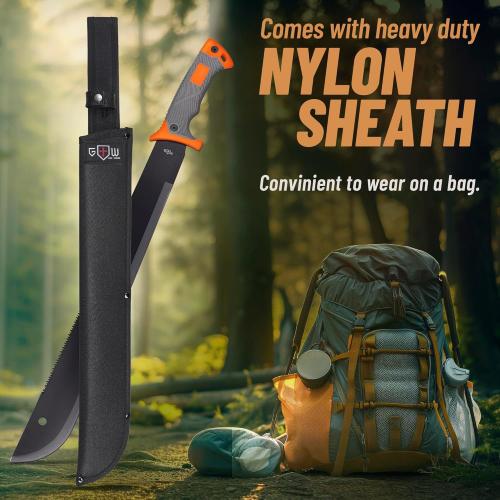 Machete with Saw 25 / 19 Heavy Duty Tool & Sheath - Ergonomic No-Slip Handle - Survival Knife with Serrated Blade - Machetes for Bushcraft Hunting Garden Cutting Trees and Yard Work