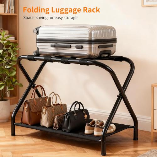 Heybly Luggage Rack for Guest Room, Pack of 2, Steel Folding Suitcase Stand with Storage Shelf for Bedroom, Hotel, Foldable Steel Frame, Guest Room 26.2 L x 14.4 W x 20.5 H, Black HLR004B2