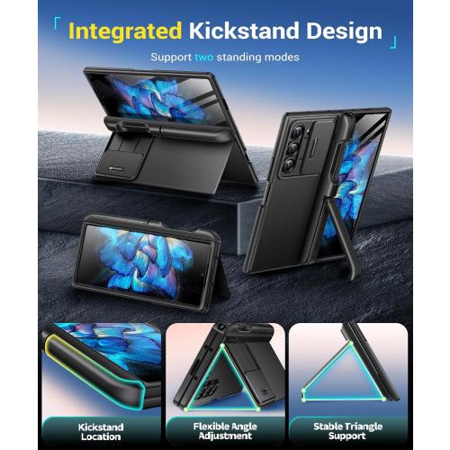 BERFY for Samsung Galaxy Z Fold 6 Case with Screen Protector, [2 Invisible Kickstand] Built-in S Pen Holder and Slide Camera Cover, [Anti Spy] Full-Body Shockproof Slim Phone Case for Z Fold 6, Black