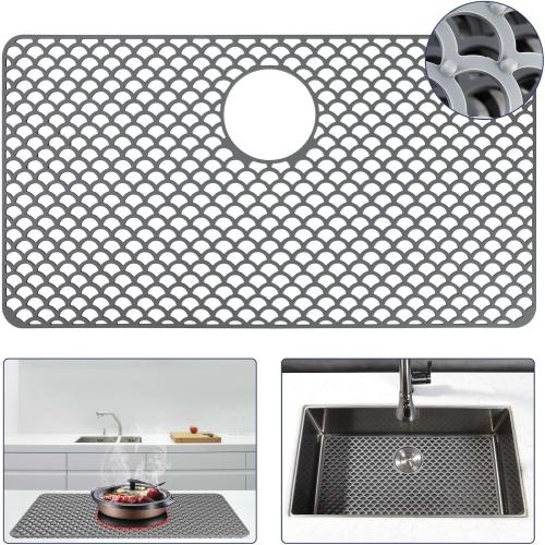 Silicone Sink Protector - 28x15 Rear Drain Hole, Heat Resistant Non-slip Dishwasher Suitable, Large Sink Mat for Farmhouse Kitchen