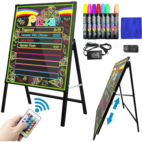 Standing A-Frame LED Message Writing Board 32 x 24, Neon Menu Sign with Adjustable Height, Outdoor Menu Display Board with 8 Colors Markers and Remote Control, DIY Message Light Board