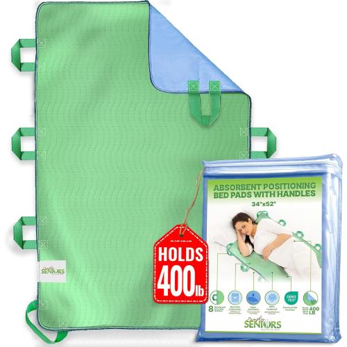 Absorbent Positioning Bed Pads for Elderly with 8 Handles 34x52- Washable Waterproof Incontinence Draw Sheets - Reusable Bed Mobility Under Pads for Seniors Disabled & Bedridden Patients-Fast-Drying