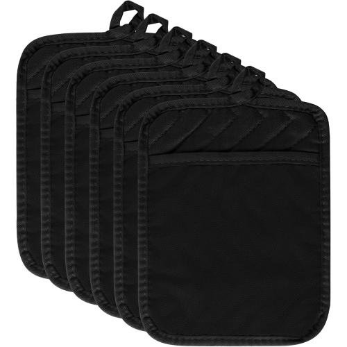 R HORSE 6Pcs Pot Holder with Pocket for Kitchen Black Pot Holders Set Cotton Heat Resistant Potholder Terry Cloth Coaster Hot Pad Oven Mitts Trivet for Baking Cooking 7''x9''