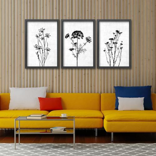 TQianJiang Flower Plant Wall Decor 16x11 Black And White Set of 3 | Botanical Painting, Wood Framed, Bedroom Office, Abstract Wildflower Sign Hanging Art