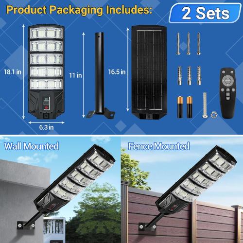 2 Pack Solar Lights Outdoor, IP65 Waterproof Solar Street Motion Sensor Lights with Remote Control, 8000K Dusk to Dawn LED Security Flood Outdoor Light Wide Angle Range for Yard, Garage, Porch, Farm