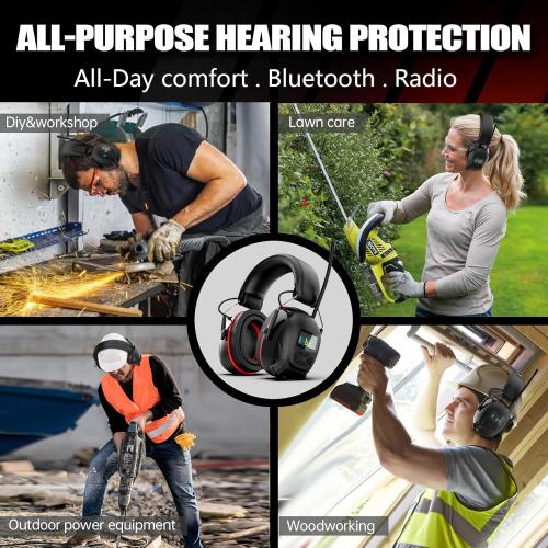Bluetooth 6.0 AM/FM Hearing Protection, Radio Headphones with Digital Display, 30 SNR Noise Reduction Safety Earmuffs with Rechargeable 2000 mAh Large Battery, Ear Protector for Mowing Lawn Work