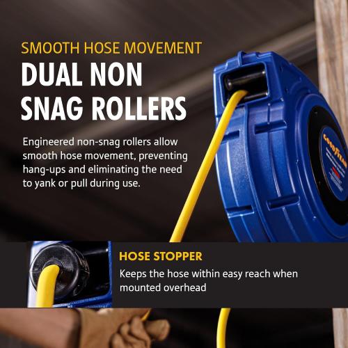 Goodyear Air Hose Reel Retractable 3/8 Inch x 50' Foot Hybrid Polymer Hose Max 300PSI Commerical Polypropylene Construction