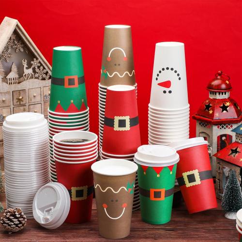 Dandat 16 oz  Christmas Coffee Paper Cups with Lids Disposable Christmas Paper Cups for Hot Cocoa Tea Beverage Holiday Xmas Party Supplies