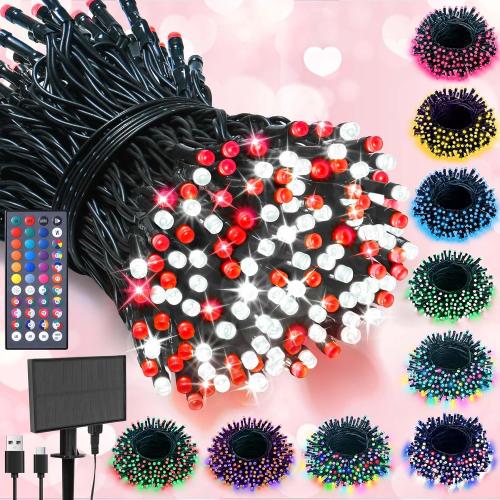LitHome 100 LED Solar Christmas String Lights Outdoor, 33FT 34Colors Changing Solar/USB String Lights Waterproof with Remote, 102 Modes Easter Light for Xmas Tree Party Holiday Valentine's Day Decor