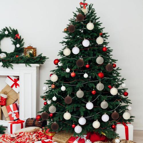 32 Pcs Velvet Christmas Ball Bulk 2.36'' Flocked Tree Decor, Brown Series | Plastic Hanging Ornament, Lightweight Durable, Xmas Bulb Decor, Holiday Party Supplies, Indoor Christmas Tree Decoration Use