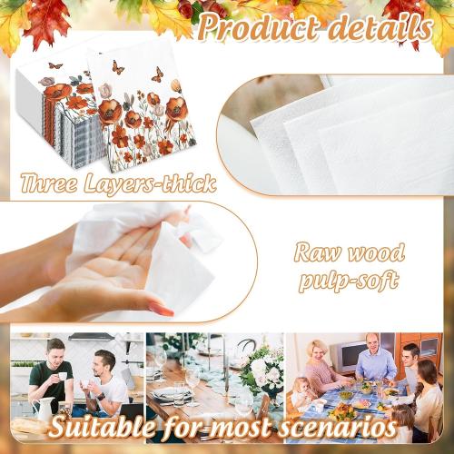 JarThenaAMCS 50Pcs Fall Floral Paper Napkins  for Thanksgiving Harvest Wedding Birthday Party Supplies