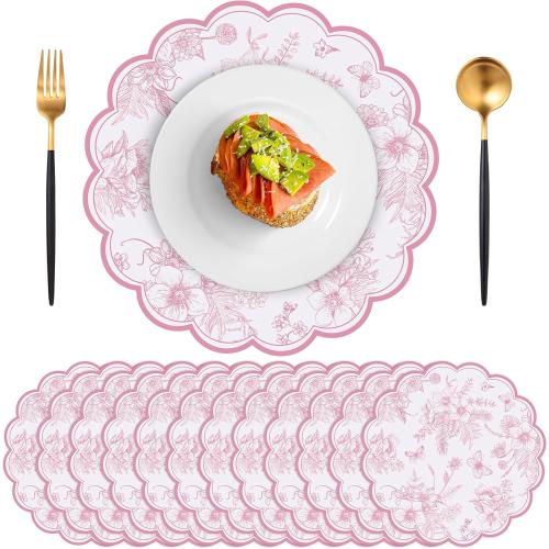 60 Pcs Pink Floral Paper Placemat, 13.5 Inch Disposable Scalloped Table Mat