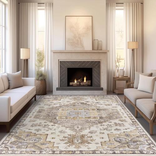 Brown 8x10 Area Rugs for Living Room, Stain Resistant Neutral Washable Rugs for Dining Rooms, Floral Vintage Non-Slip Thin Large Size Area Rug(Brown)