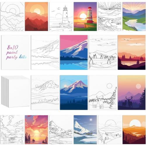 Chuangdi 10 Pcs Landscape Pre Drawn Canvas for Painting Pre Printed Paint and Sip Party Supplies 8 x 10 Inch Stretched Outline Board Painting Kit for Adults Beginner Artist DIY
