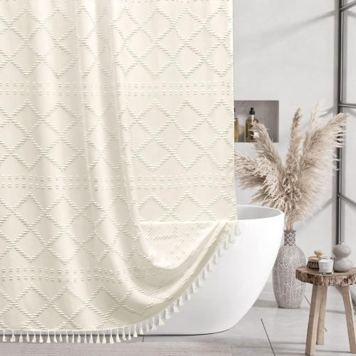 Cream Boho Woven Fabric Shower Curtain, 72 x 72 Tufted Chevron Textured Striped Modern Farmhouse Minimalist Cloth Curtain for Bathroom