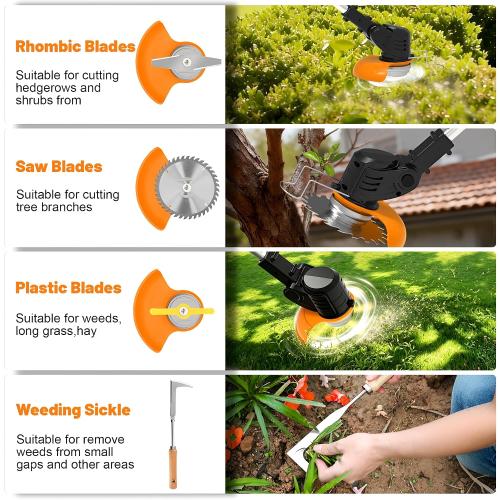 21V Electric Weed Wacker Cordless Weed Eater Battery Powered, String Trimmer Battery Operated 3-in-1 Lightweight Grass Trimmer/Brush Cutter/Lawn Edger with Wheels & Metal Blade for Yard and Garden