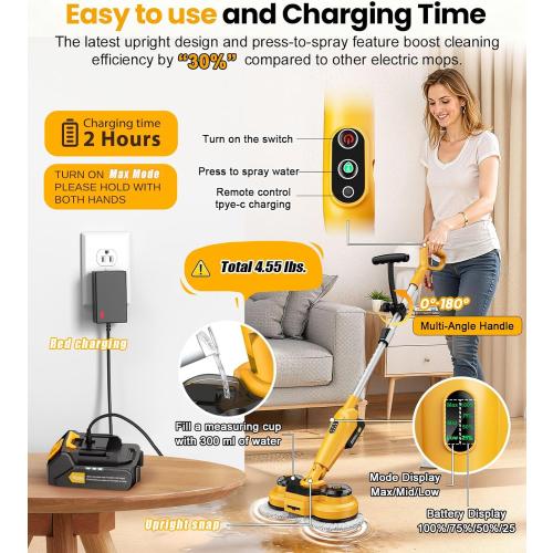 qimedo Cordless Electric Mop M3, 6000mAh, 2-in-1 Power Scrubber & Mops | 800RPM Floor Scrubber Machine, Automatic Spin Mops with Smart Display, Rotating Mop with LED Light & Water Spray