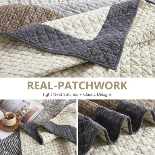 Quilts Queen Size - Queen Quilt Bedspread, 100% Cotton Patchwork Quilt Bedding Set for Queen Bed, 3 Pieces Plaid Farmhouse Reversible Rustic Lightweight Comforter Spread, Brown/Beige/Gray