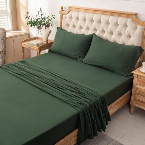 PURE ERA Jersey Knit 4pc Bed Sheet Set 100% T-Shirt Cotton Super Soft Comfy Breathable Fits Mattress Up to 20 Extra Deep Pocket (Solid Forest Green, King)