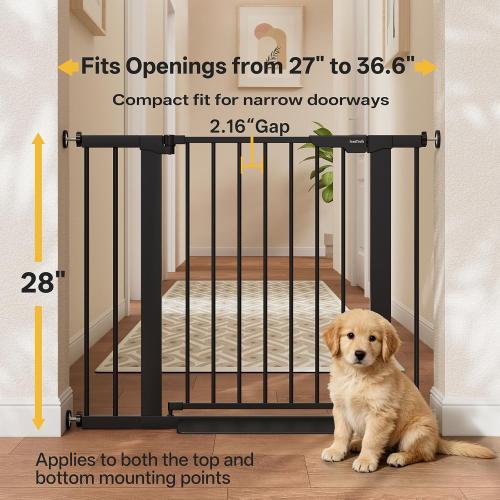 InnoTruth 27-36.6 in Wide Baby Gate for Stairs and Doorways, Indoor Metal Dog Gate for Pets, Auto Close 2 Way Swing Walk Through Door, Double Lock & Y-Bolts, Pressure or Hardware Mount, Black