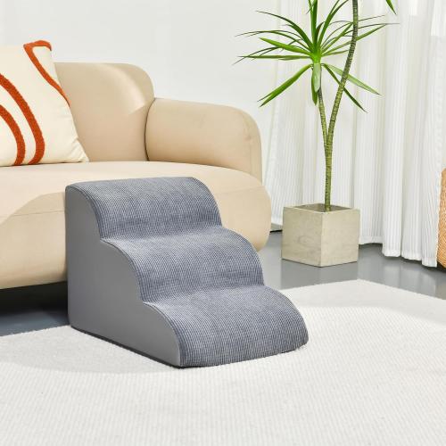 Dog Stairs for Small Dogs 15.7 H, 3-Step Pet Stairs with High-Density Foam, Curved Ramp Design for Puppies, Medium Pets and Older Cats, Dog Steps for Bed, Couch or Sofa, 15.7 × 22.4 × 15.7 Inch, Gray