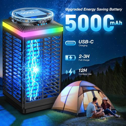 Black Bug Zapper Outdoor Cordless, 4200V Electric Mosquito Zapper with LED Blue Light, 3 in 1 Portable & Rechargeable Bug Zapper Outdoor Waterproof IP67, Wireless Hanging Fly Zapper for Camping Patio,Black