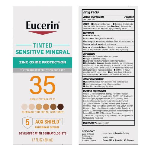 1.7oz Eucerin Sun Tinted Sensitive Mineral Face Sunscreen Lotion SPF 35, Non-Comedogenic Mineral Sunscreen with Gentle Zinc Oxide Protection for Sensitive Skin, 1.7 Fl Oz Bottle