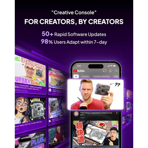 TOUR BOX Elite Plus - iPad Drawing Bluetooth Controller, Video Editing Photo Color Grading Speed Editor, Programmable Creative Console Keyboard for DaVinci Procreate Adobe Softwares and More