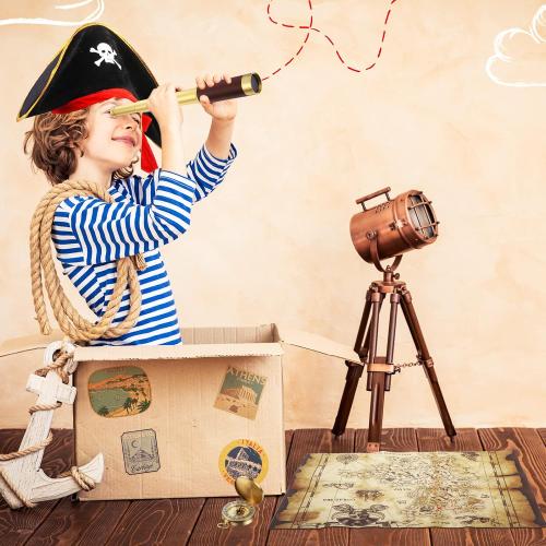 Pirate Monocular Telescope Treasure Map Pocket Compass Pirate Hat Skull Print Captain Costume, 5 Pcs Party Favors Costume Spyglass Kid Compass for Cosplay(Small)