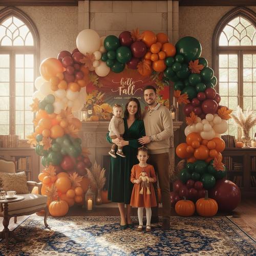 Fall color Balloon Garland Arch Kit hunter green maroon Sand White Orange Balloons with artificial maple leaf and backdrop for Thanksgiving Harvest Birthday Little Pumpkin ecorations