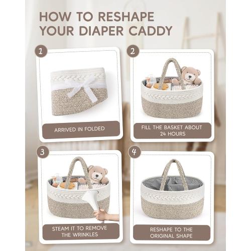 Maliton Baby Diaper Caddy Organizer, X-Large Cotton Rope, Rustic Style, Portable, 3 Compartments, A-Brown