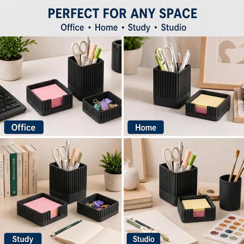 Black Desk Organizer Accessories Set, with Pen, Clip and Sticky Note Holder